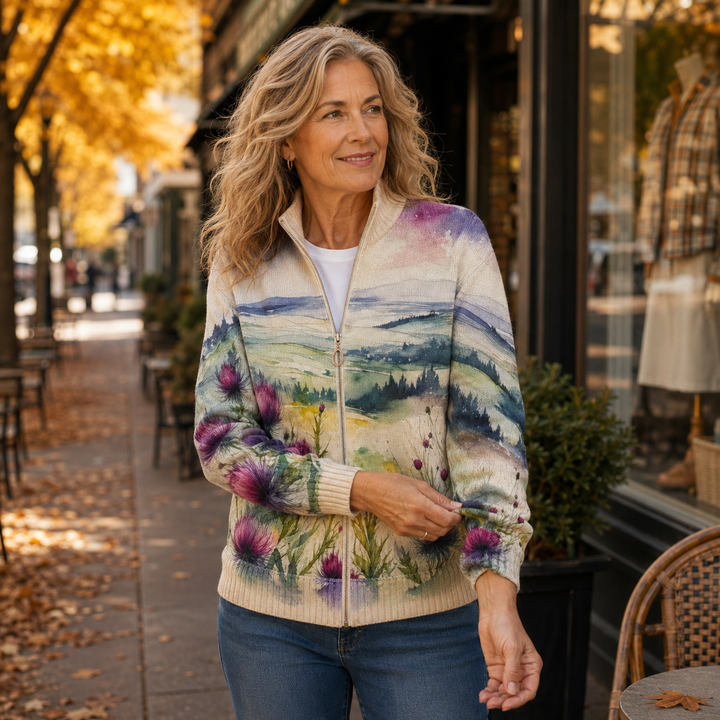 Lidia™ | Cardigan met ritssluiting in landschap met Schotse distel