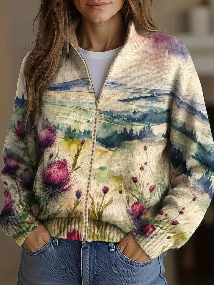 Lidia™ | Cardigan met ritssluiting in landschap met Schotse distel