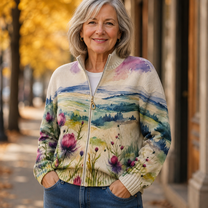 Lidia™ | Cardigan met ritssluiting in landschap met Schotse distel