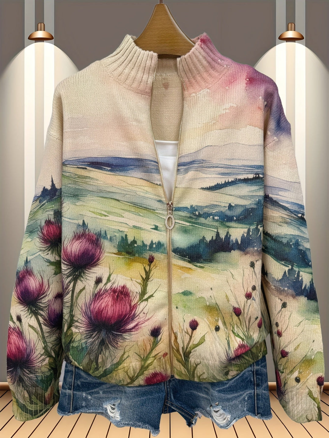 Lidia™ | Cardigan met ritssluiting in landschap met Schotse distel