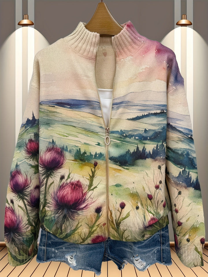 Lidia™ | Cardigan met ritssluiting in landschap met Schotse distel